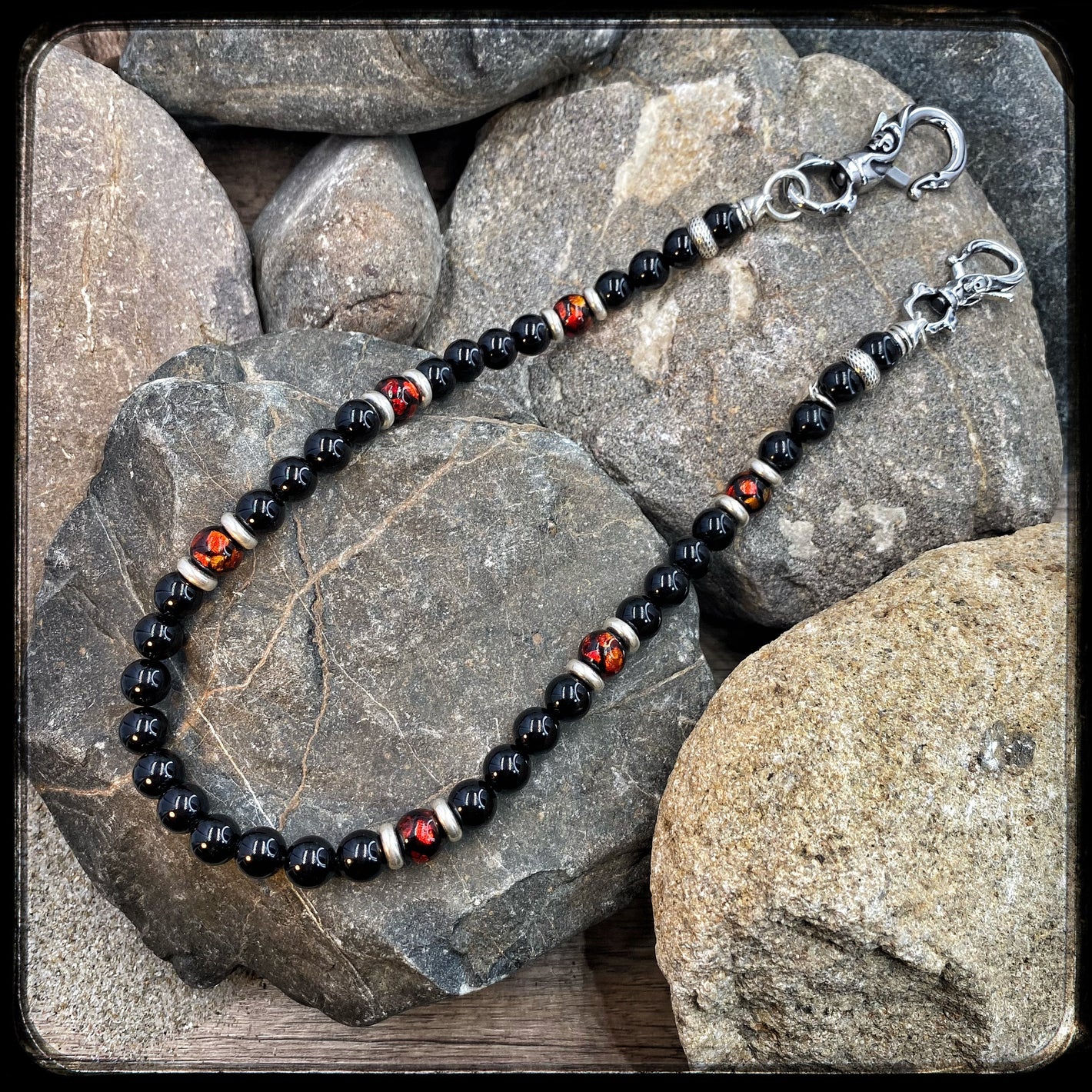 BLOODY MARY Wallet Chain – 10 mm Onyx Beads & 925 Silver – BFS Signature