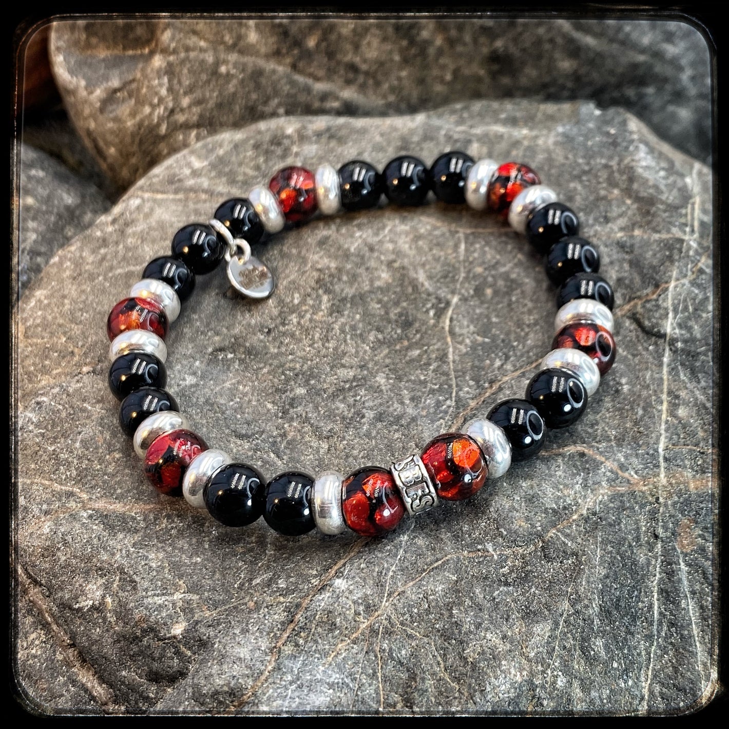 BLOODY MARY Unisex Beaded Bracelet – 8 mm Onyx & 925 Silver – Donut Signature BFS