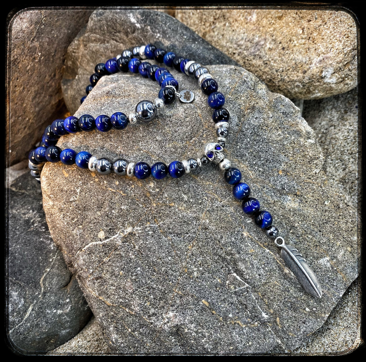 LAGUNA BEACH Unisex Necklace – 10mm Blue Tiger Eye & Terahertz Beads – All 925 BFS Silver