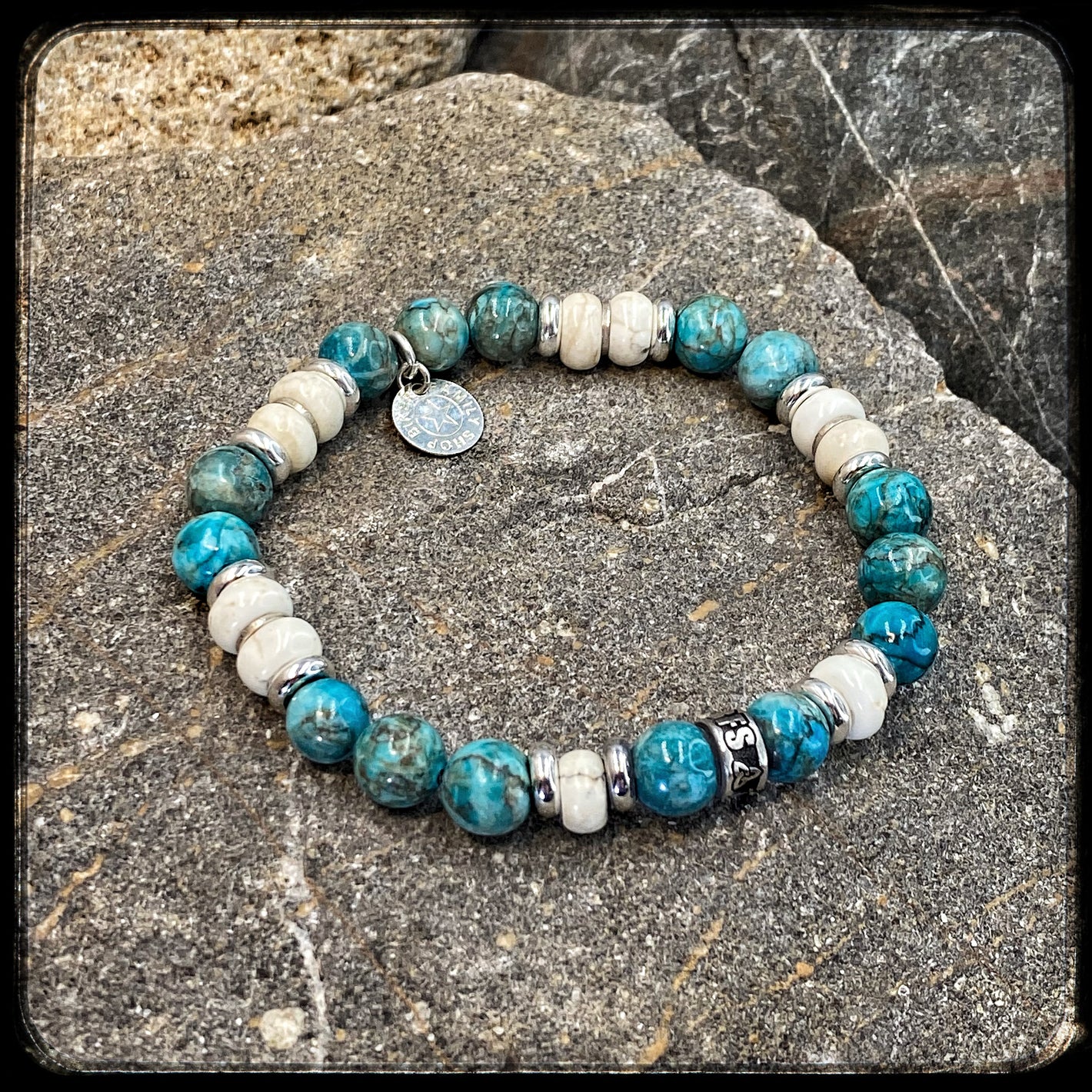 Bracelet Perles Unisexe ARIZONA – Turquoise Naturelle & Riverstone 8 mm – Argent 925 – Perle Signature BFS