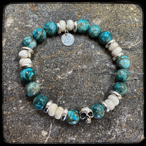 ARIZONA Unisex Pearl Bracelet – Natural Turquoise & Riverstone 10 mm – 925 Silver – BFS Signature Skull Pearl