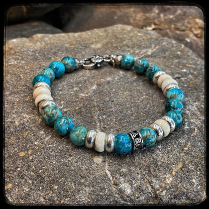 Bracelet ARIZONA Perles 8mm turquoise et riverstone du kentucky. Fermoir argent 925. Motif DONUT