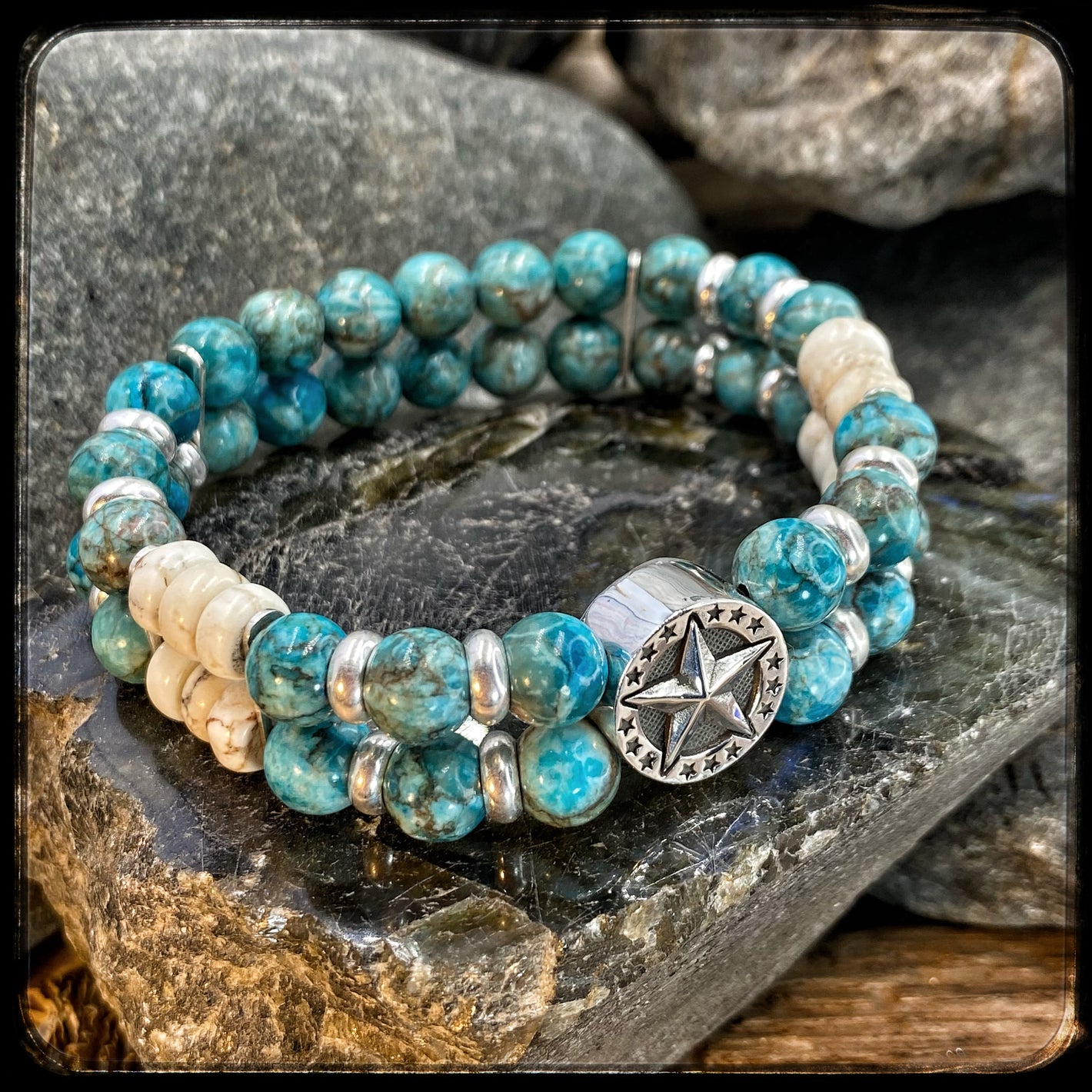 Bracelet ARIZONA Perles 8mm Turquoise Afrique et Riverstone du Kentucky, argent 925