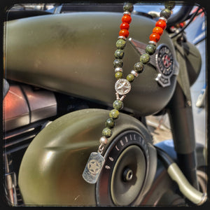 PLATOON Unisex Necklace – 10mm Green Serpentine & Orange Magnesite Beads – 925 Silver with Dog Tag GI BFS