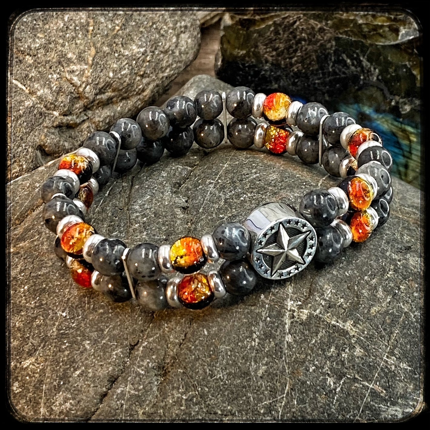 Bracelet MAGMA Perles 8mm. Larvikite et argent 925