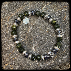 Unisex Pearl Bracelet BOSTON – Serpentine & Terahertz 8 mm – Skull 925 Silver