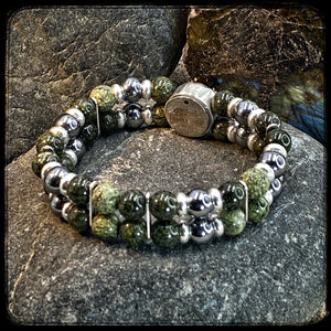 Unisex Pearl Bracelet BOSTON – Double Row – Serpentine & Terahertz 8 mm – Central Disc 925 Silver