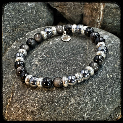 Bracelet DARK SIDE Perles 8mm obsidienne noire, térahertz et argent 925. Motif DONUT