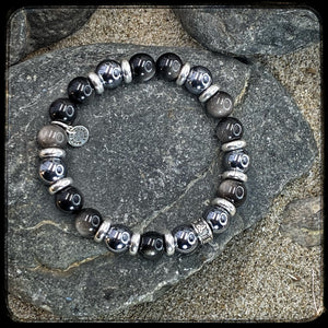 DARK SIDE Unisex Bracelet – 10 mm Obsidian & Terahertz Beads – 925 Silver Donut BFS