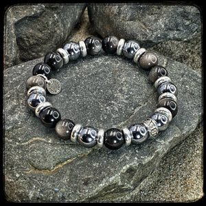 DARK SIDE Unisex Bracelet – 10 mm Obsidian & Terahertz Beads – 925 Silver Donut BFS
