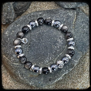 DARK SIDE Unisex Bracelet – 10 mm Obsidian & Terahertz Beads – 925 Silver Skull