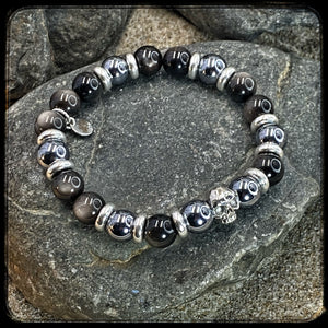 DARK SIDE Unisex Bracelet – 10 mm Obsidian & Terahertz Beads – 925 Silver Skull