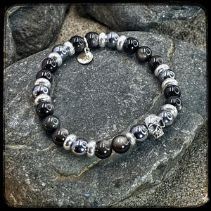 DARK SIDE Unisex Bracelet – 8 mm Obsidian & Terahertz Beads – 925 Silver Skull