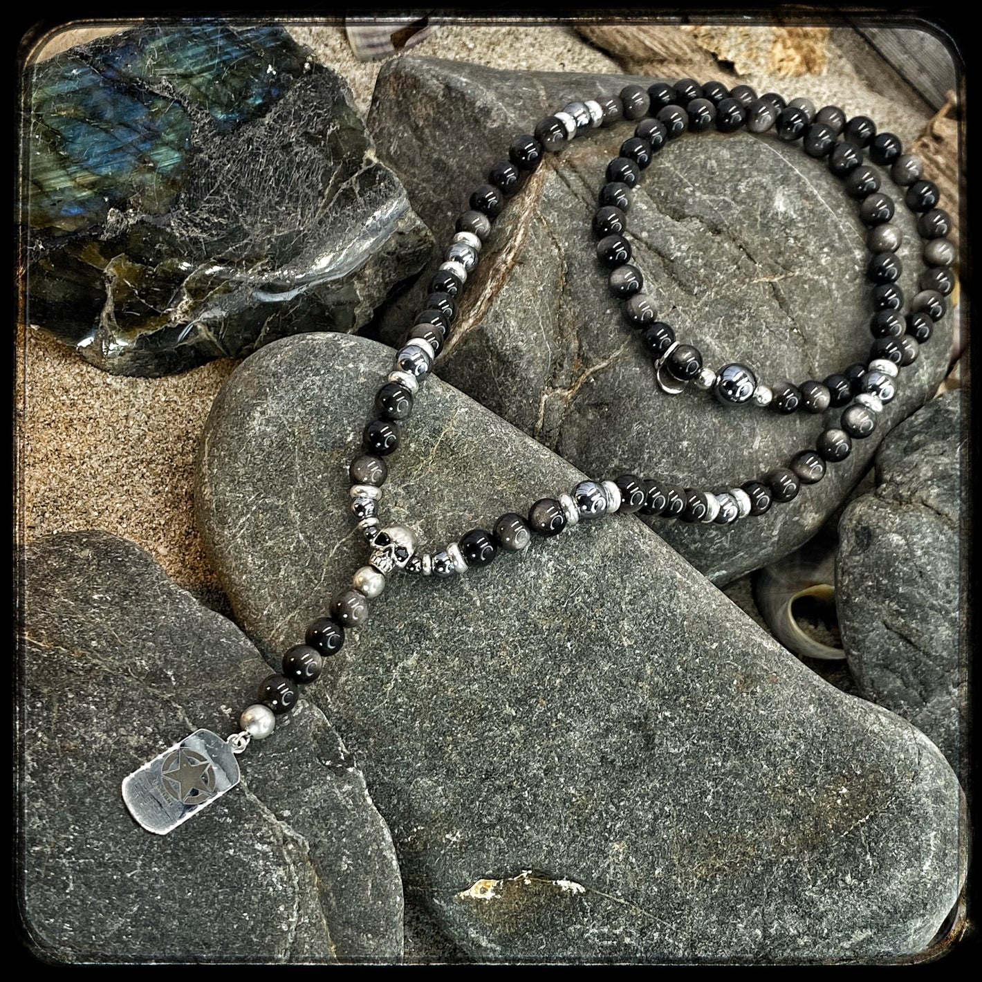 Collier DARK SIDE Perles 8mm obsidienne noire et térahertz argent 925