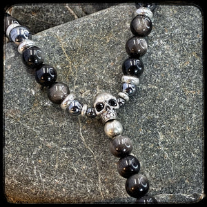 DARK SIDE Necklace – 10 mm Obsidian & Terahertz Beads – 925 Silver Customizable Ornament