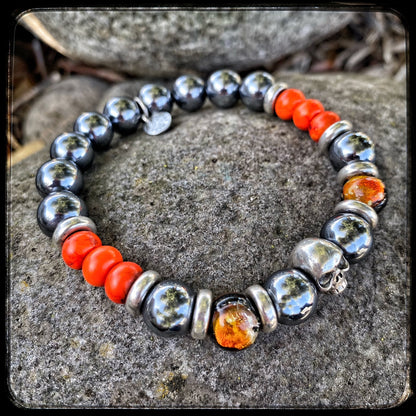 Bracelet DAYTONA Perles 10mm, térahertz, magnésite et argent 925. Motif SKULL