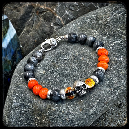 Bracelet SAN DIEGO Perles 10mm, larvikite, magnésite. Fermoir. argent 925 Motif DONUT