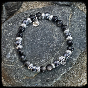 DARK SIDE Unisex Bracelet – 8 mm Obsidian & Terahertz Beads – 925 Silver Skull