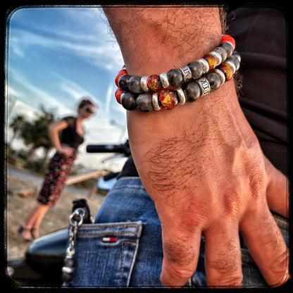 Bracelet SAN DIEGO Perles 8mm, larvikite, magnésite et argent 925. Motif DONUT