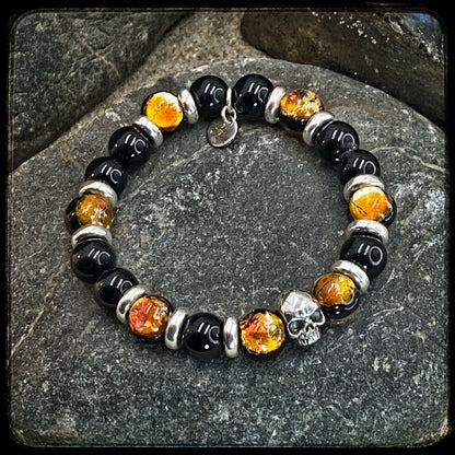 Bracelet FIREBALL Perles 10mm onyx et argent 925. Motif SKULL