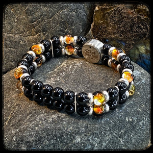 FIREBALL unisex double bracelet – 8 mm Onyx beads – 925 silver Donut pattern BFS