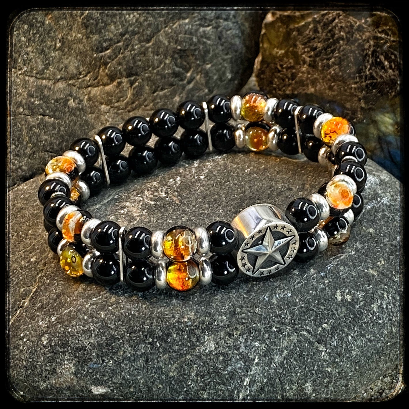 Bracelet FIREBALL Perles 8mm onyx noir et argent 925. Motif DONUT