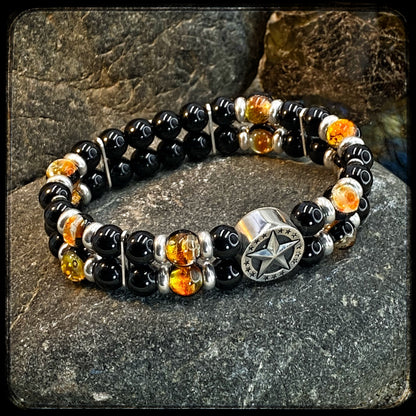 Bracelet FIREBALL Perles 8mm onyx noir et argent 925. Motif DONUT