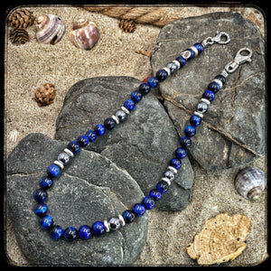 LAGUNA BEACH Unisex Wallet Chain – 10mm Blue Tiger Eye & Terahertz Beads – All 925 Sterling Silver BFS