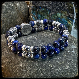 LAGUNA BEACH Unisex Double Bracelet – 8 mm Blue Tiger Eye & Terahertz Beads – 925 Silver Donut Pattern BFS