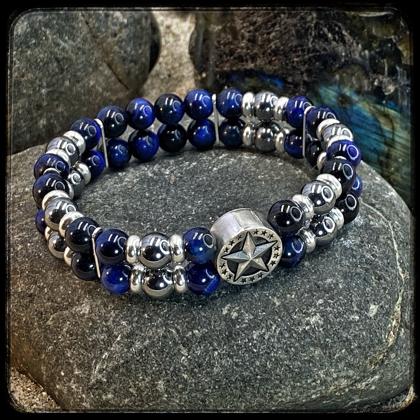 LAGUNA BEACH Bracelet 8mm Beads. Blue Tiger Eye, Terahertz and 925 Silver