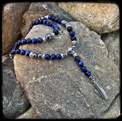 LAGUNA BEACH Necklace 8mm blue tiger eye and terahertz beads, 925 silver 