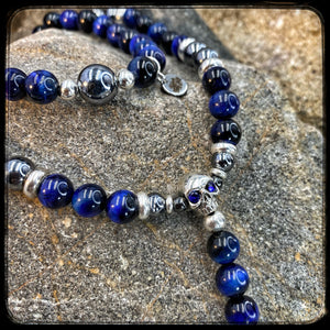 LAGUNA BEACH Unisex Necklace – 10mm Blue Tiger Eye & Terahertz Beads – All 925 BFS Silver