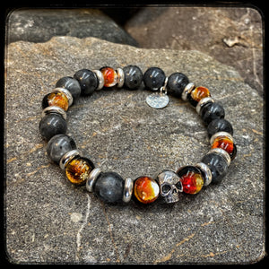 MAGMA Unisex Bracelet – 10 mm Blue Larvikite Beads – 925 Silver Skull Pattern BFS
