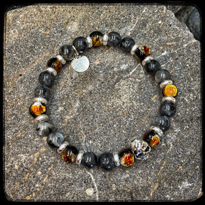 MAGMA Unisex Bracelet – 8 mm Blue Larvikite Beads – 925 Silver Skull Pattern BFS