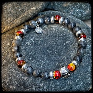 MAGMA Unisex Bracelet – 8 mm Blue Larvikite Beads – 925 Silver Skull Pattern BFS 