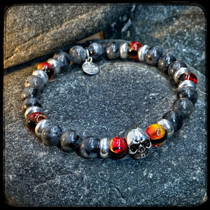 MAGMA Unisex Bracelet – 8 mm Blue Larvikite Beads – 925 Silver Skull Pattern BFS 