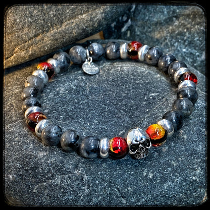 MAGMA Unisex Bracelet – 8 mm Blue Larvikite Beads – 925 Silver Skull Pattern BFS 