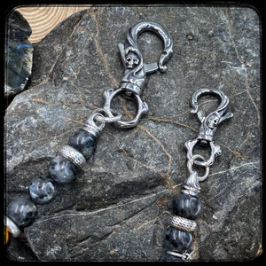 MAGMA Unisex Wallet Chain – 10mm Larvikite Beads – 925 Silver & BFS Stainless Steel Carabiners