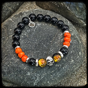 MILWAUKEE Unisex Bracelet – 10 mm Black Onyx & Magnesite Beads – 925 Silver Skull Motif BFS
