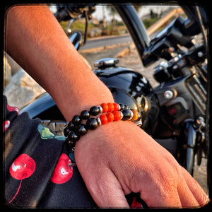MILWAUKEE Unisex Bracelet – 8 mm Black Onyx, Magnesite & Luminescent Beads – 925 Silver Donut Pattern BFS