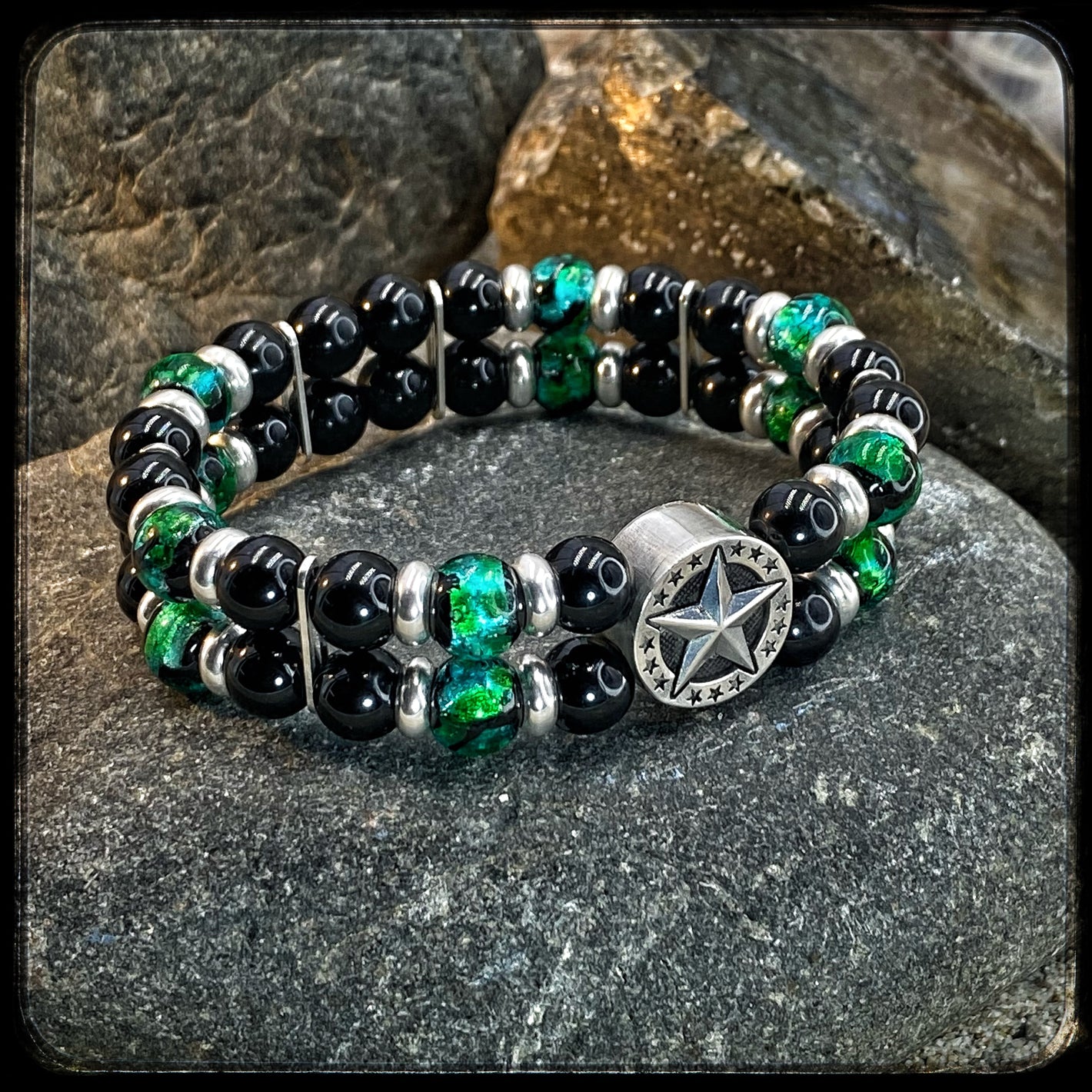 Bracelet unisexe NOVA – Double tour – Perles 8 mm Onyx – Argent 925 motif Donut BFS