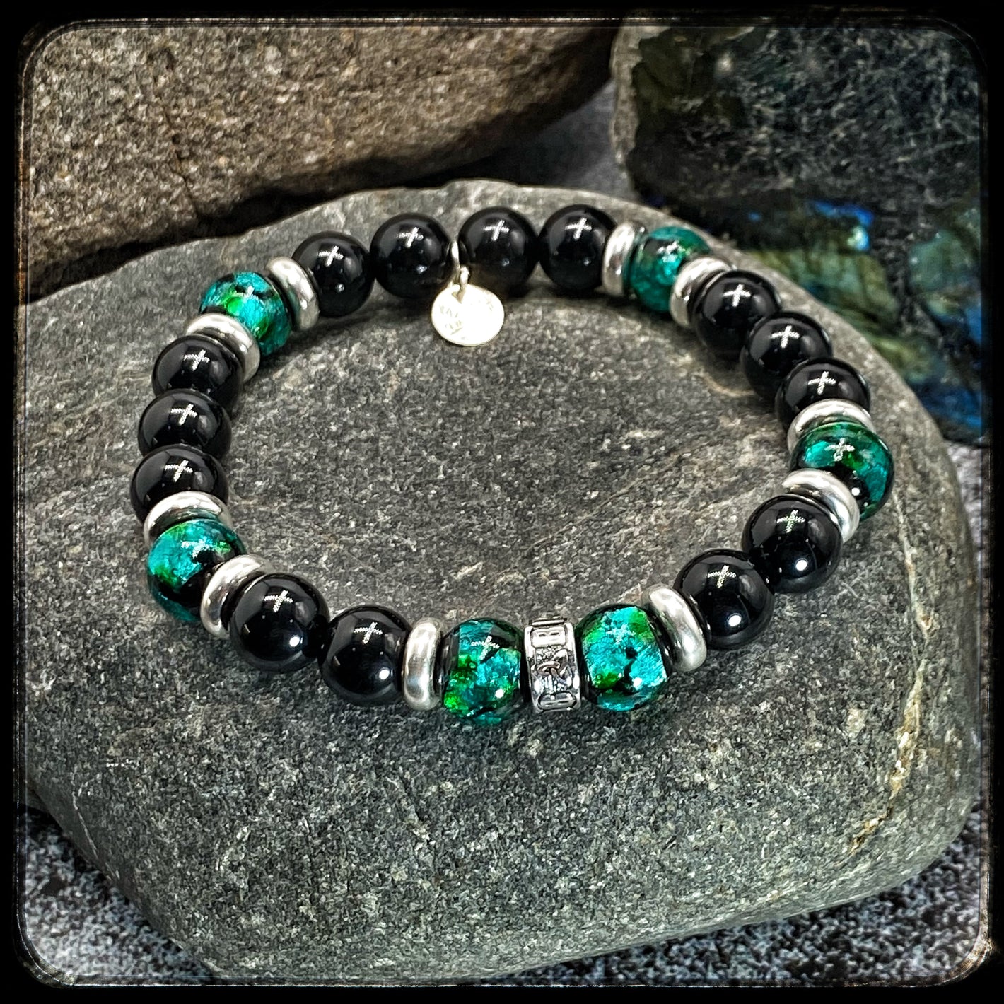 Bracelet unisexe NOVA – Perles 10 mm Onyx – Argent 925 motif Donut BFS