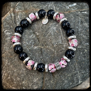 Bracelet PINKY Perles 10mm Onyx et argent 925. Motif DONUT