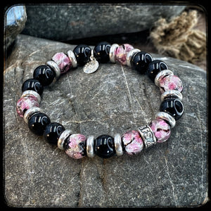 Bracelet PINKY Perles 10mm Onyx et argent 925. Motif DONUT
