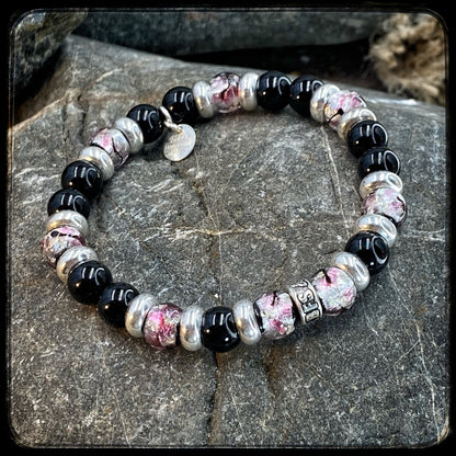 Bracelet PINKY Perles 8mm Onyx et argent 925. Motif DONUT