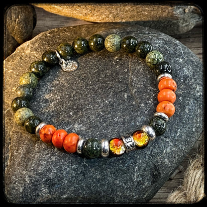 PLATOON Unisex Bracelet – 8 mm Serpentine &amp; Magnesite Beads – 925 Silver Donut Pattern BFS 