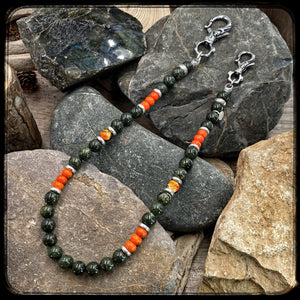 PLATOON Unisex Wallet Chain – 10mm Green Serpentine & Orange Magnesite Beads – 925 Silver & Stainless Steel