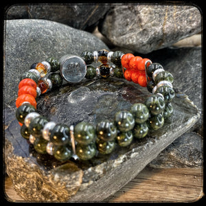PLATOON Unisex Double Bracelet – 8mm Green Serpentine & Orange Magnesite Beads – 925 Silver Palet BFS Pattern