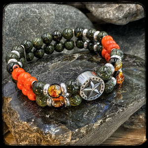 PLATOON Unisex Double Bracelet – 8mm Green Serpentine & Orange Magnesite Beads – 925 Silver Palet BFS Pattern