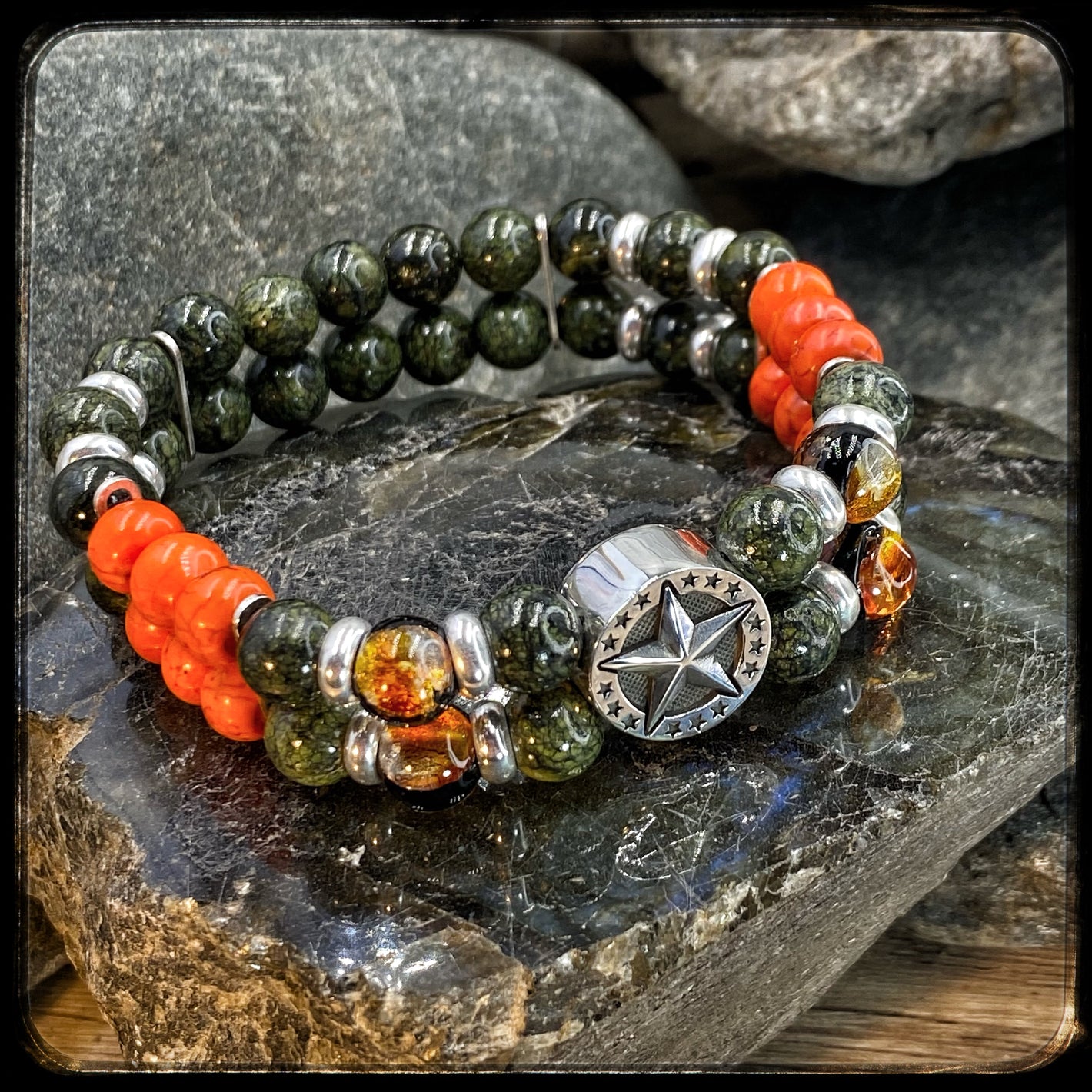 PLATOON Bracelet 8mm Beads, Serpentine, Magnesite and 925 Silver